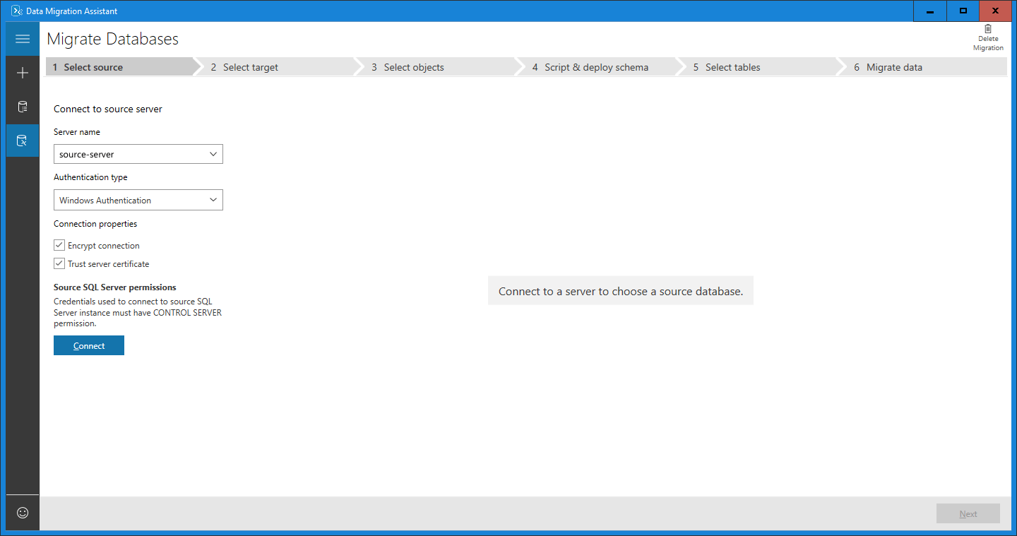 Screenshot: Quellserver auswählen