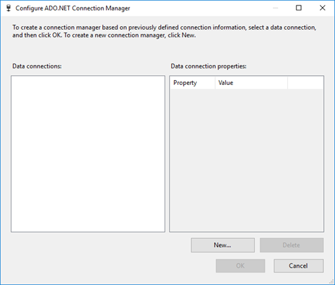 Screenshot: Dialogfeld zum Konfigurieren des ADO.NET-Verbindungs-Managers. Steuerelemente zum Einrichten und Konfigurieren von Verbindungs-Managern sind verfügbar.
