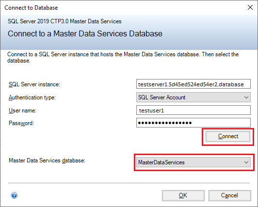 mds-SQLServer2019-Config-MI_connectDBName Screenshot des Dialogfelds „Mit Datenbank verbinden“.