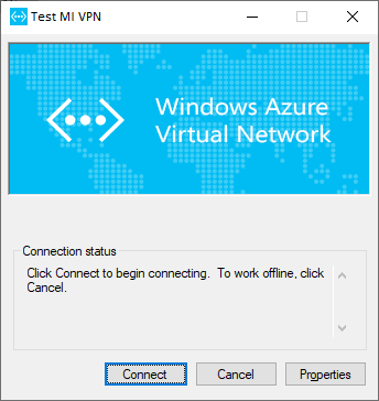 mds-SQLServer2019-Config-MI_P2SVPNConnect Screenshot des Test MI VPN, das eine Verbindung mit dem virtuellen Azure-Netzwerk herstellt.