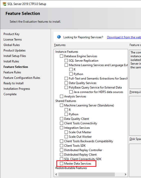 mds-SQLServer2019-Config-MI_SQLFeatureSelection Screenshot: Seite für die Funktionsauswahl.