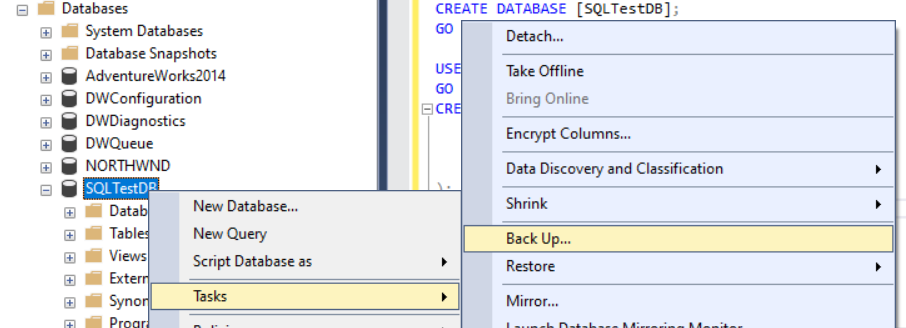 Screenshot of SQL Server Management Studio take backup.