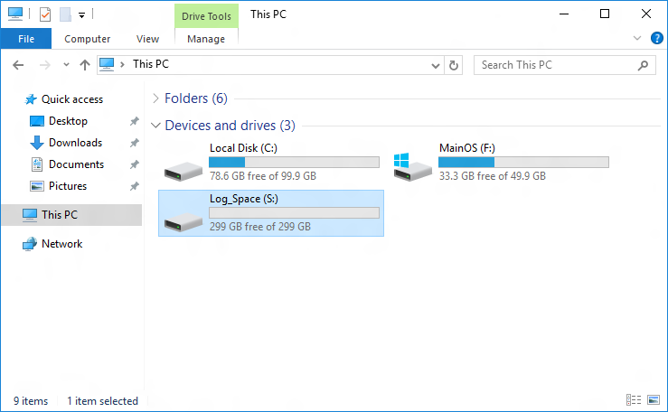 Log_Space Drive Screenshot eines Datei-Explorer-Fensters auf der Seite „Dieser PC“ mit dem Log_Space-Laufwerk