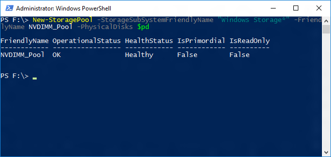 New-StoragePool Screenshot eines Windows PowerShell-Fensters mit der Ausgabe des New-StoragePool-Cmdlets