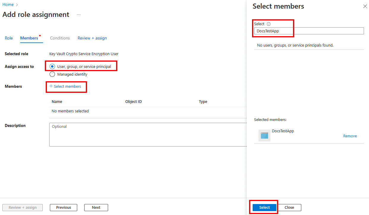 Screenshot des Bereichs „Mitglieder auswählen“ zum Hinzufügen einer Rollenzuweisung im Azure-Portal.