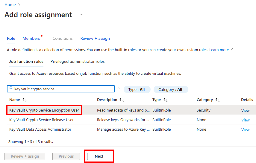 Screenshot der Auswahl einer Rollenzuweisung im Azure-Portal.