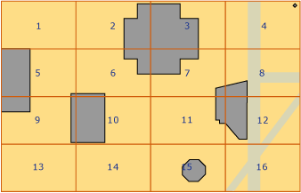 Polygone und Linien, platziert in einem 4x4-Raster der Ebene 1