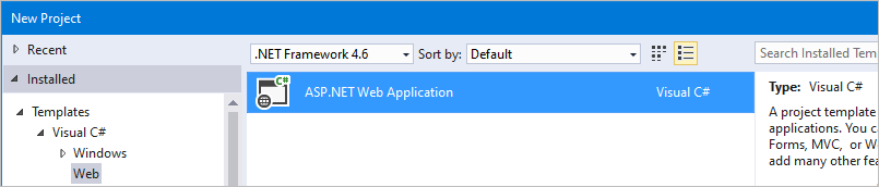 Screenshot von Visual Studio, der eine neue leeren ASP.NET-Website hervorhebt.