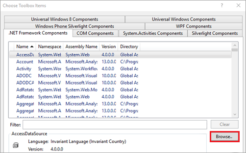 Screenshot von Visual Studio, der die Schaltfläche „Durchsuchen“ im Dialogfeld „.NET Framework-Komponenten“ hervorhebt.