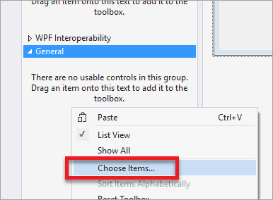 Screenshot der Visual Studio-Toolbox, die die Option „Elemente auswählen“ hervorhebt.