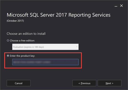 Screenshot des SQL Server 2017-Setupfensters, in dem der Bereich hervorgehoben wird, in den der Schlüssel eingegeben werden soll.