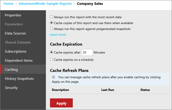 Screenshot: Bildschirm „Caching“ des Dialogfelds „Company Sales bearbeiten“, wobei die Option „Kopien von diesem Bericht zwischenspeichern und bei Verfügbarkeit verwenden“ ausgewählt ist