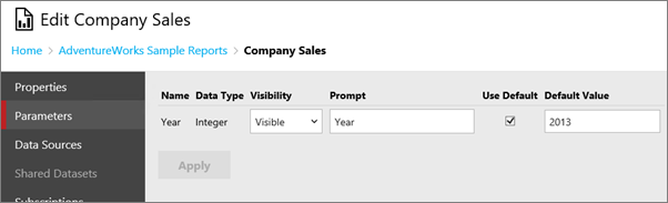 Screenshot: Bildschirm „Parameter“ des Dialogfelds „Company Sales bearbeiten“