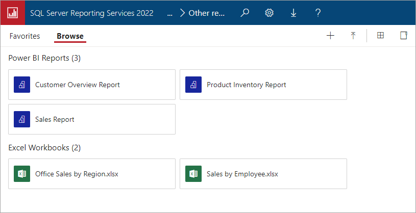 Screenshot der Bereiche „Power BI Desktop-Berichte“ und „Excel-Arbeitsmappen“.