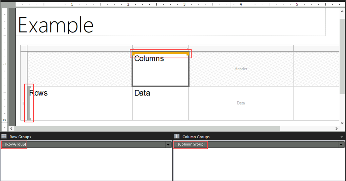 Screenshot einer Matrix in Report Builder mit Hervorhebung von Zeilen- und Spaltengruppen.