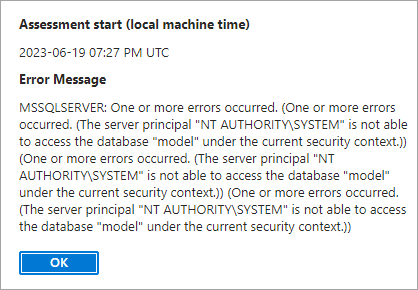 Screenshot: Fehlermeldung mit dem Hinweis, dass der Serverprinzipal nicht auf die Datenbank zugreifen kann