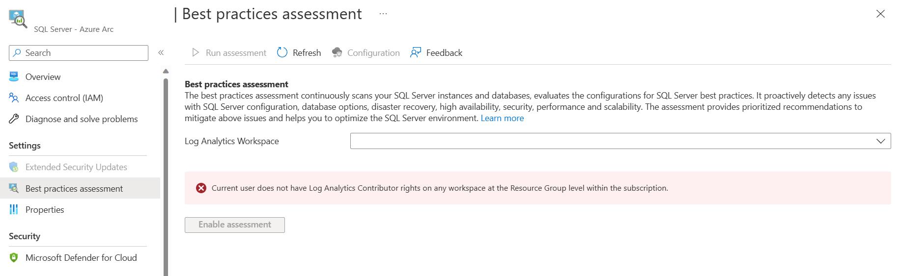 Screenshot: Fehlermeldung, wenn im Dropdownmenü zur Auswahl des Log Analytics-Arbeitsbereichs kein Wert angezeigt wird
