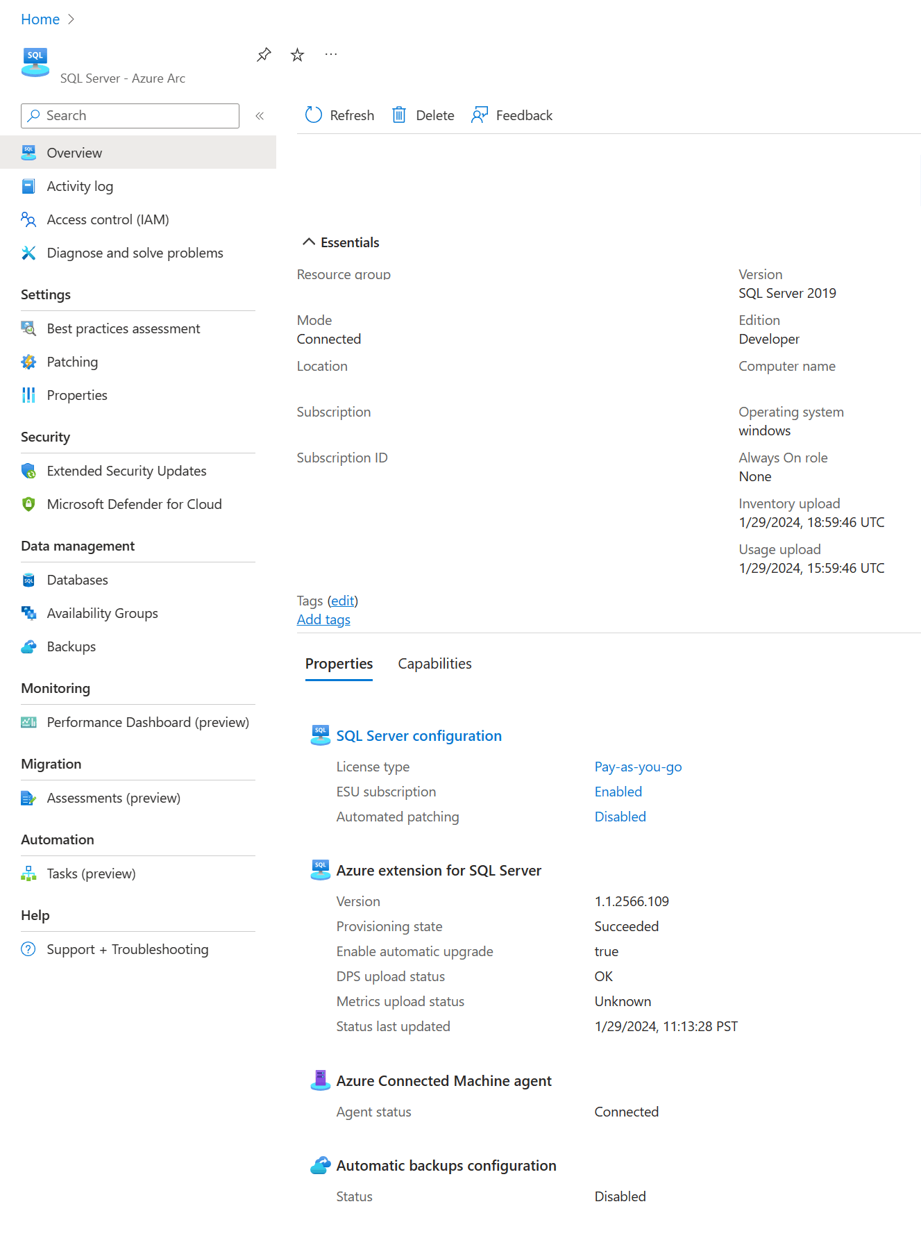 Screenshot der Validierung eines verbundenen SQL Servers.