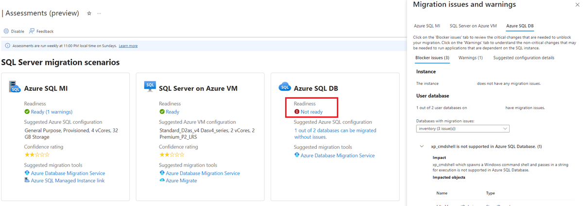 Screenshot, der zeigt, wie Sie zur Anleitung zur Risikominderung gelangen, wenn SQL Server nicht zur Migration bereit ist.