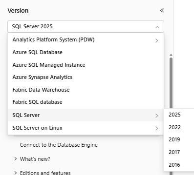 Screenshot des Versionsfilters für die SQL-Dokumentation