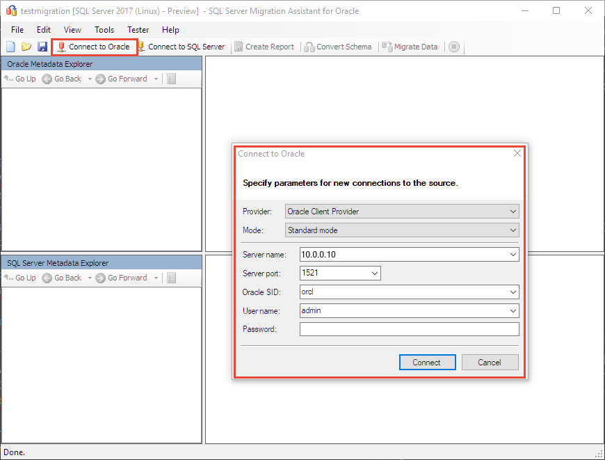 Screenshot, der zeigt, wie Sie eine Verbindung mit Oracle herstellen.