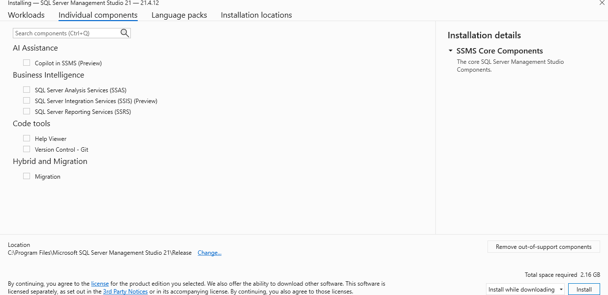 Screenshot des Visual Studio Installer-Fensters mit der Komponentenauswahl.