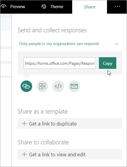 Microsoft Forms Bildschirm zum Abrufen der URL des Formulars, das in Stream kopiert werden soll.