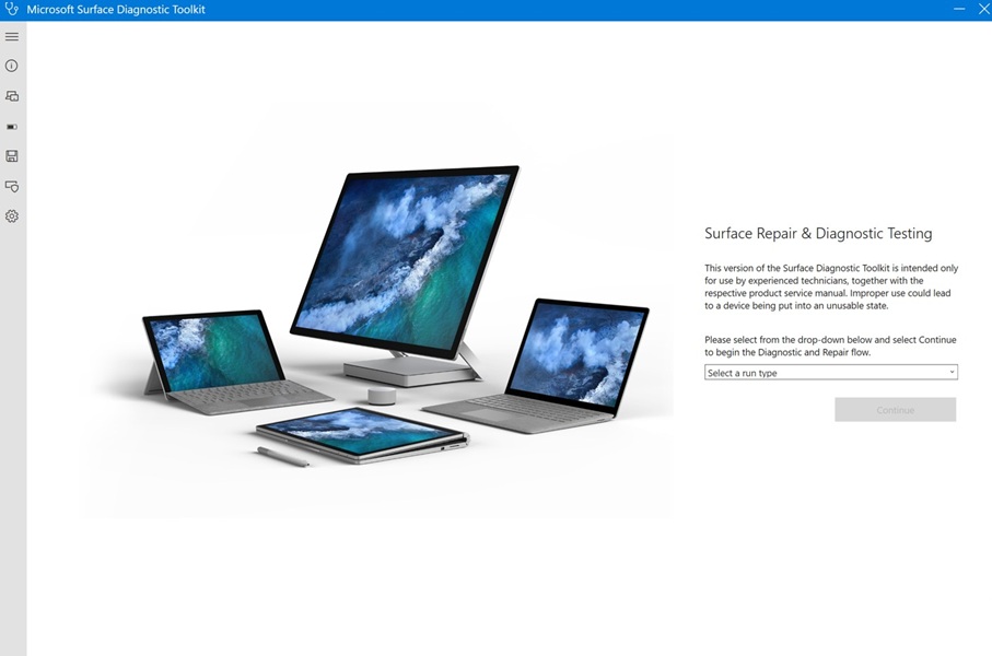 Willkommensbildschirm des Surface-Diagnosetoolkits.