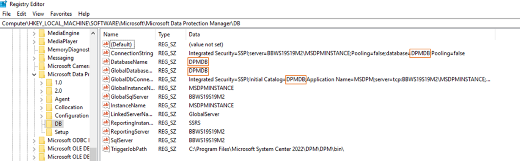 Screenshot des Registrierungs-Editors mit dem Datenbanknamen