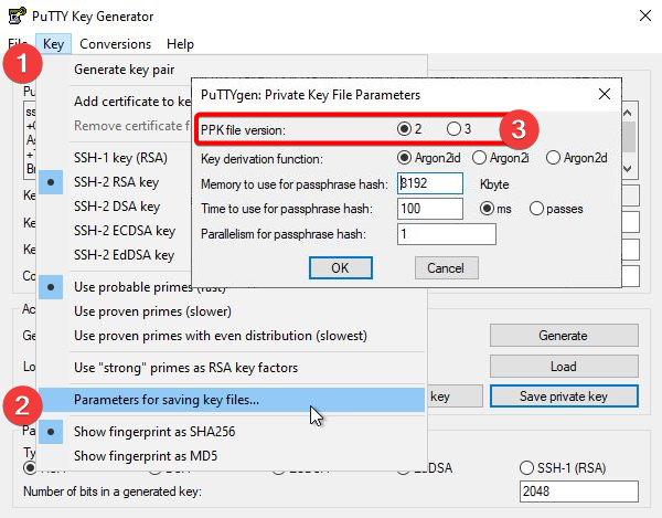 Screenshot des PuTTY-Schlüsselgenerators, der zeigt, wo die PPK-Dateiversion für den privaten Schlüssel ausgewählt werden soll.