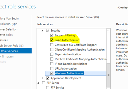 Screenshot der Standardauthentifizierung und Windows-Authentifizierung.