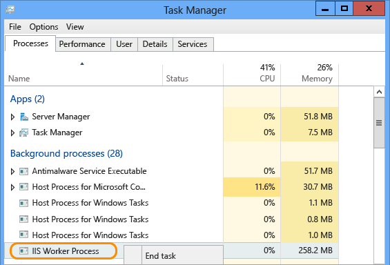 Screenshot des IIS-Arbeitsprozesses.