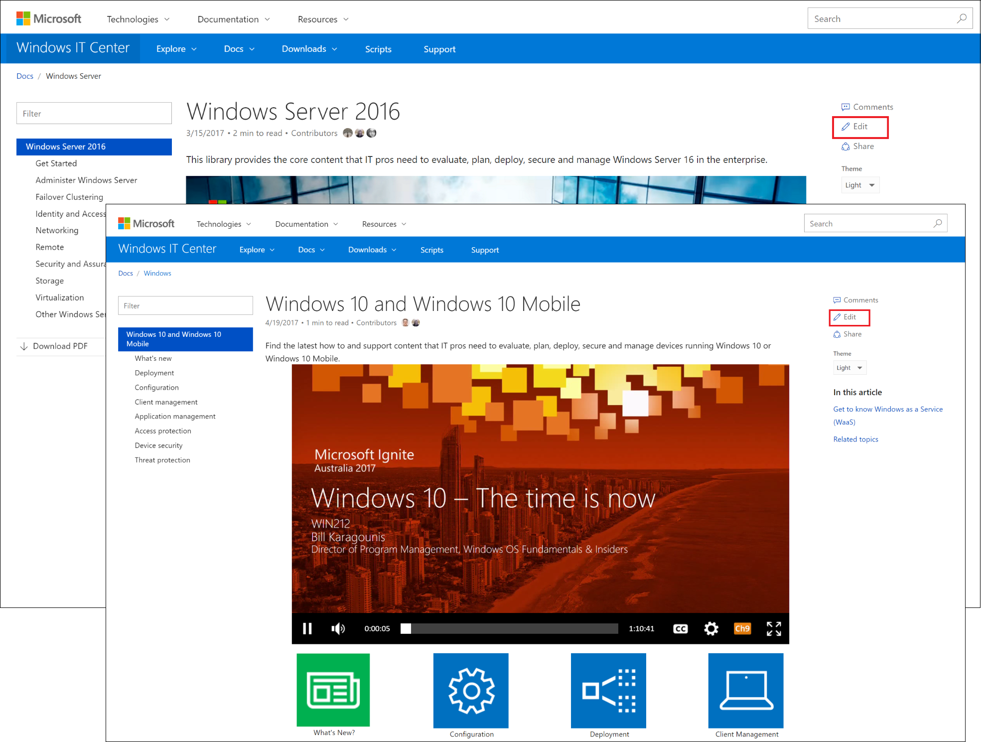Landing Page für Windows 10, Windows 10 Mobile sowie Windows Server 2016 auf docs.microsoft.com