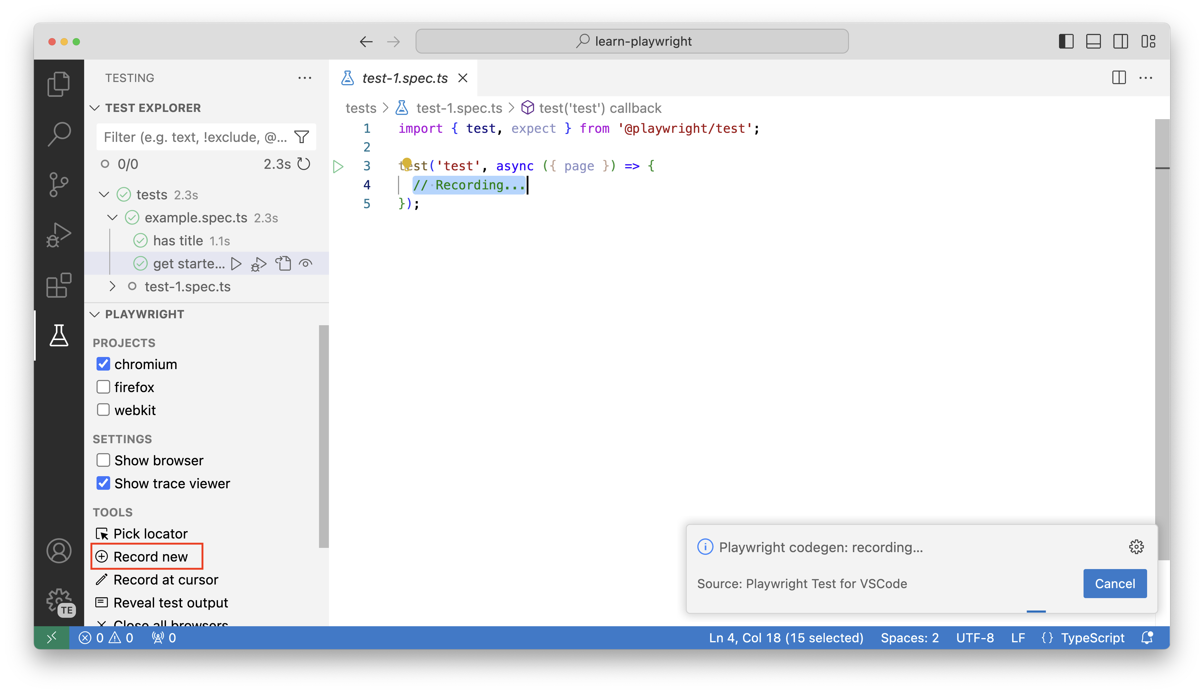 Screenshot: Verwendung der Schaltfläche „Test aufzeichnen“ zum Generieren eines Tests