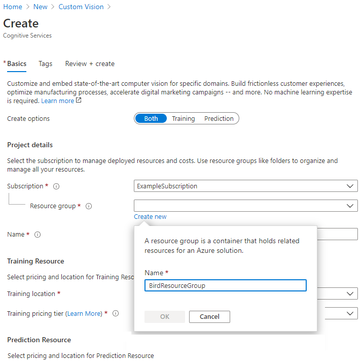 Screenshot that shows how to create a new resource group in the Azure portal.