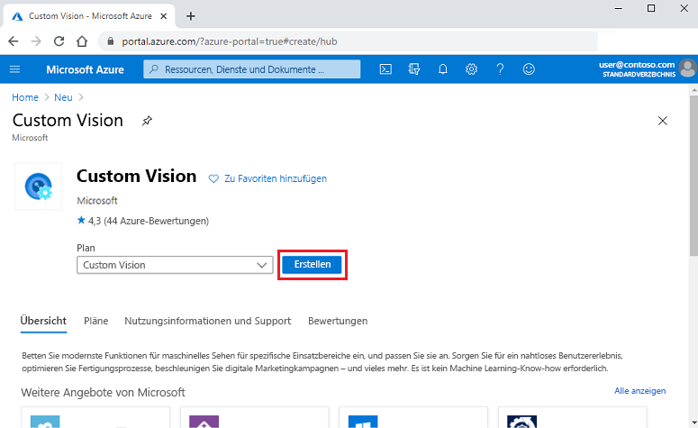 Screenshot that shows searching for Custom Vision resource templates in the Azure portal.
