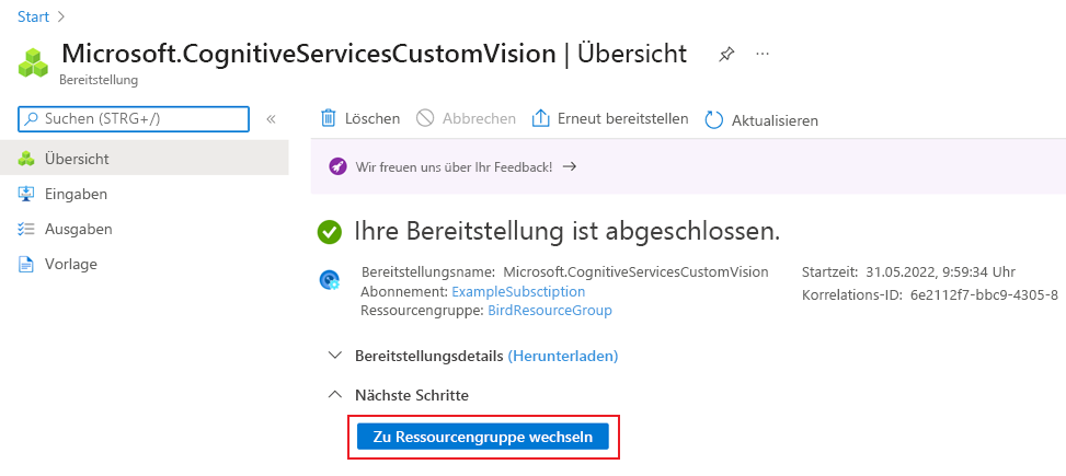 Screenshot that shows the deployment finished page in the Azure portal, with the Go to resource button highlighted.