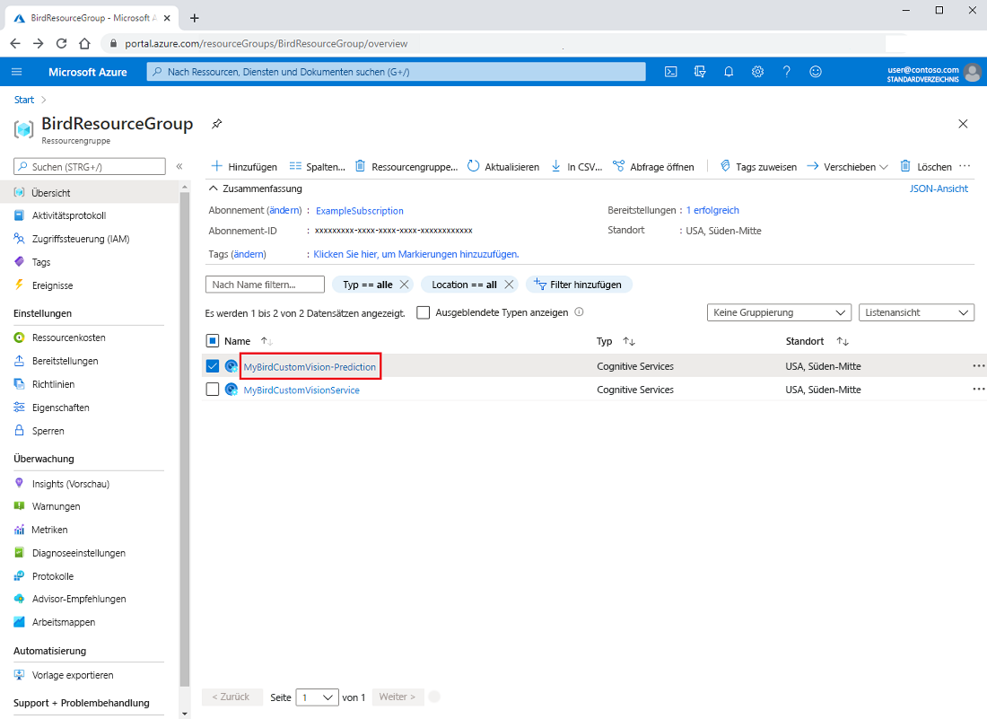 Screenshot that shows how to open the prediction resource in the Azure portal.