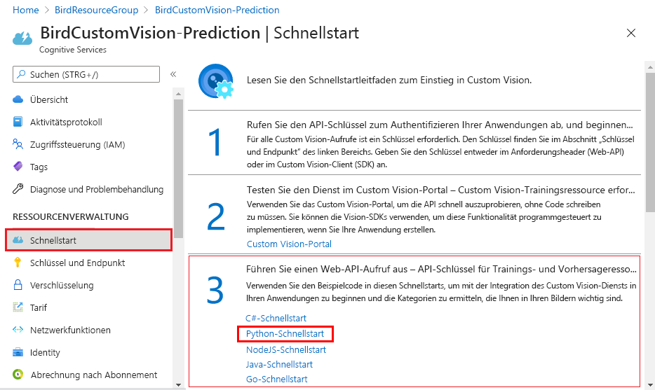 Screenshot that shows quickstart resources that describe how to call the A P I to get predictions from the model.