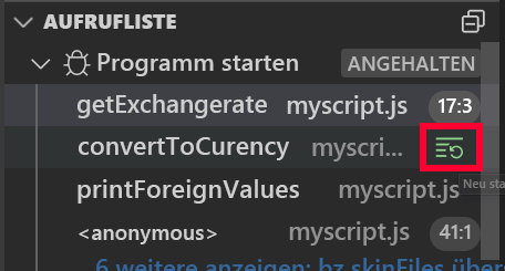 Screenshot of the Restart frame button in the Visual Studio Code call stack panel.