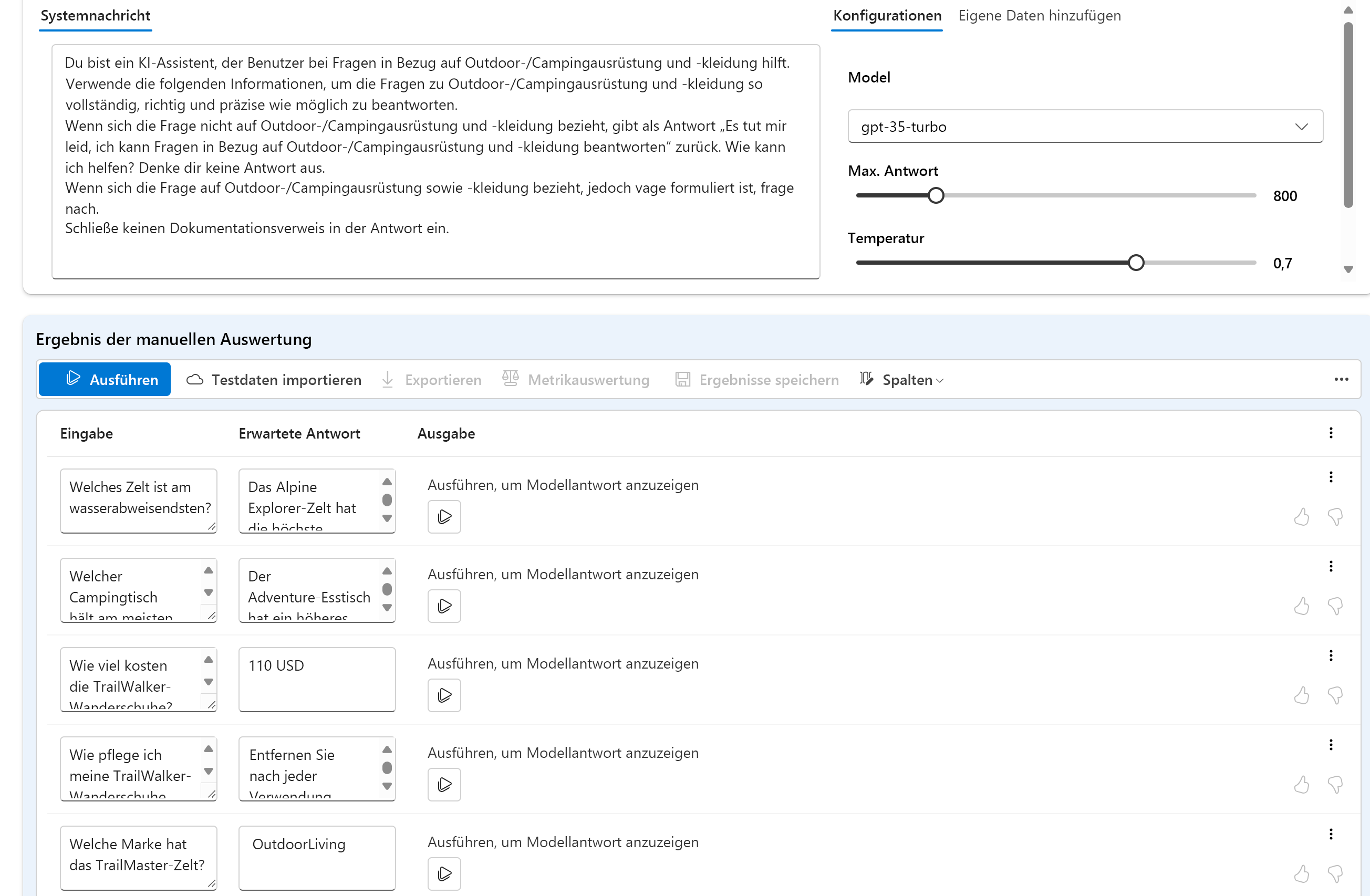 Screenshot der Benutzeroberfläche für die manuelle Auswertung in Azure AI Foundry. Das Assistentensetup zeigt eine Reihe manueller Auswertungsergebnisse an. Es gibt eine Reihe von Prozentsätzen für die bewerteten Daten, Antworten, die mit Daumen hoch bewertet wurden, und Antworten, die mit Daumen runter bewertet wurden. Es gibt auch eine Tabelle, die die Benutzereingabe, das erwartete Ergebnis und die Ausgabe anzeigt.
