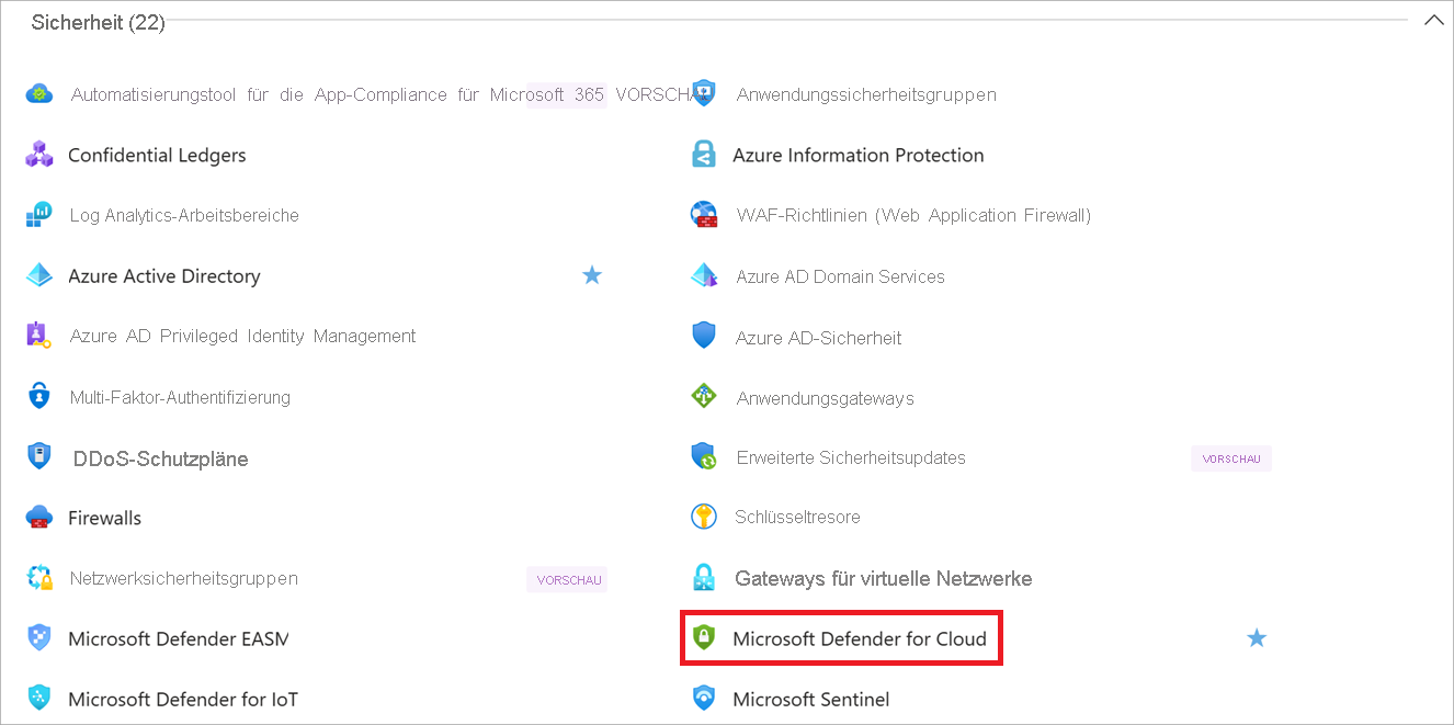Screenshot: Bereich „Alle Dienste“ mit hervorgehobener Option „Defender für Cloud“