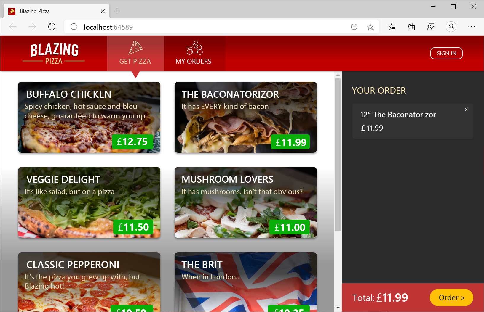 Screenshot der Pizzashop-Website erstellt mit Blazor.