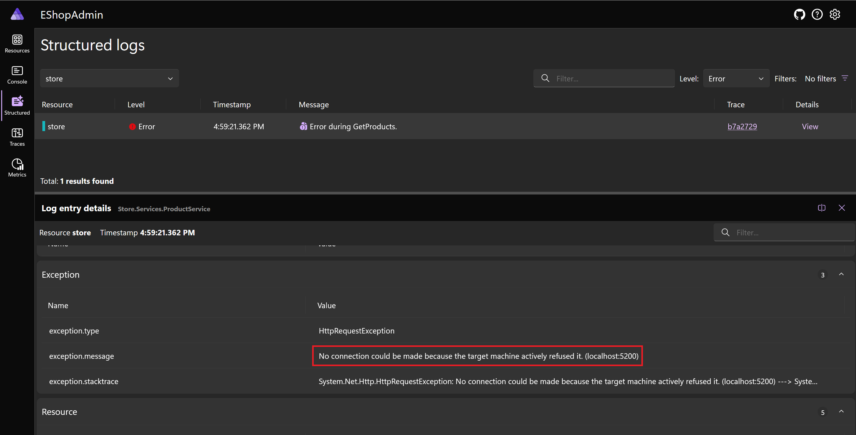 Screenshot des Dashboards mit den Fehlerdetails.