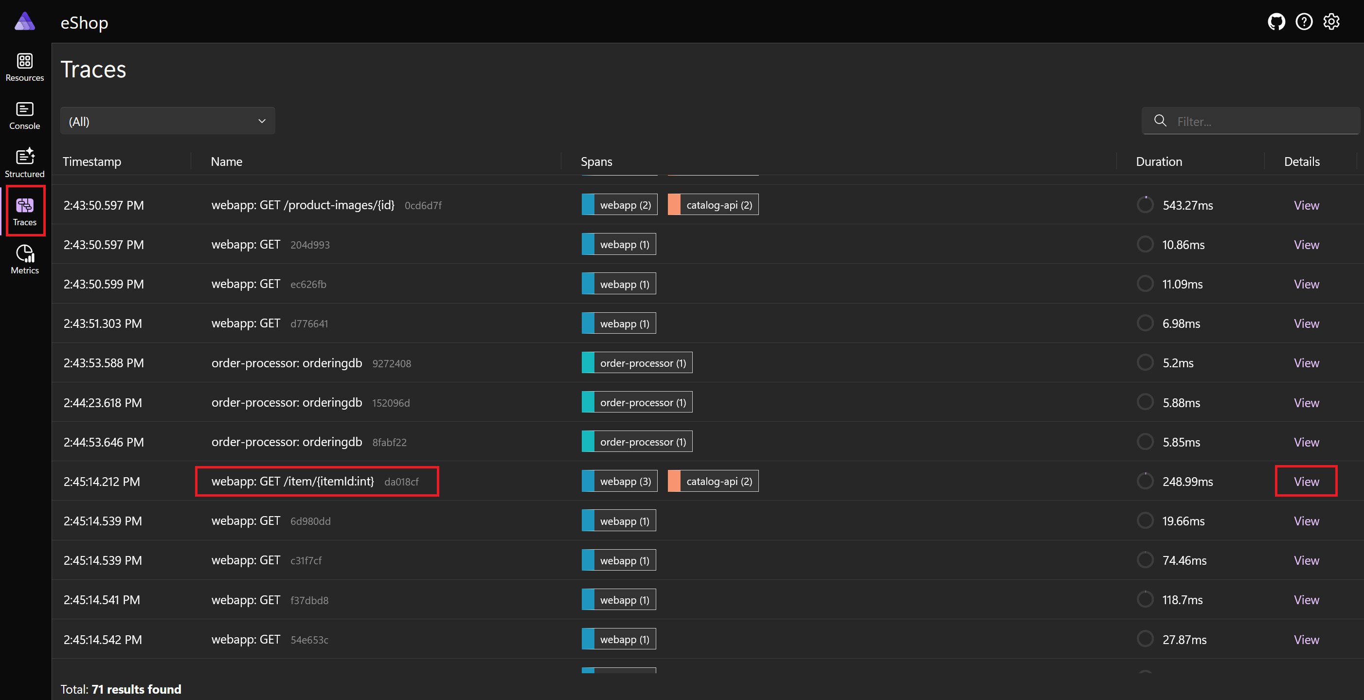 Screenshot der Seite „Ablaufverfolgungen“ im .NET Aspire-Dashboard.