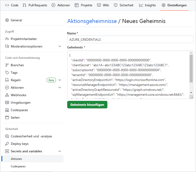 Screenshot der Seite „Neues Geheimnis“ zum Festlegen von Umgebungsvariablengeheimnissen in GitHub