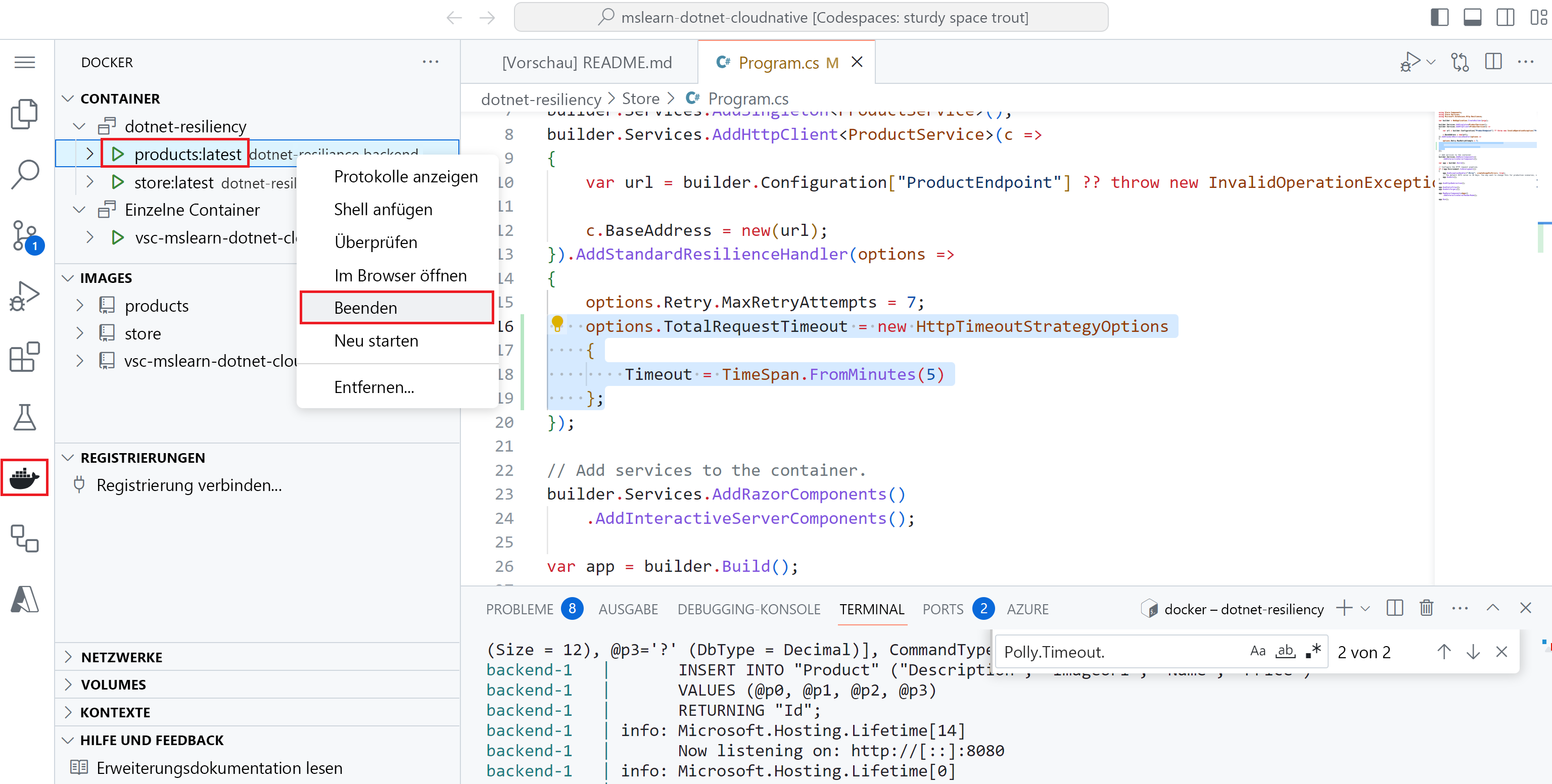 Screenshot: Docker-Erweiterung und Darstellung, wie der Produktdienst beendet wird
