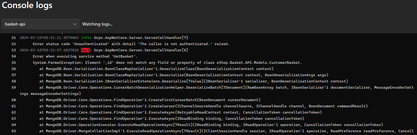 Screenshot der Protokolle für den Basket-API-Dienst