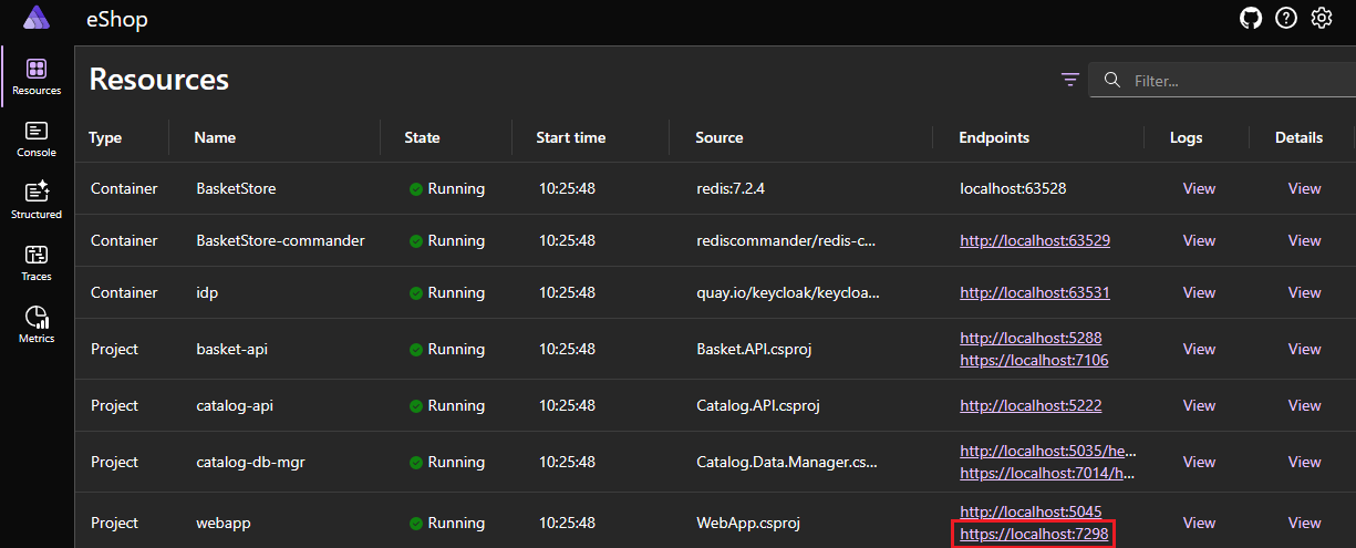 Screenshot des eShop-Dashboards in .NET Aspire. Der Web-App-Endpunkt ist hervorgehoben.