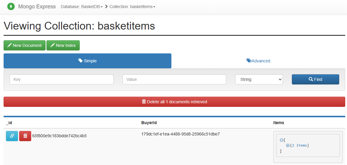 Screenshot von Mongo Express mit den in der Sammlung „basketitems“ gespeicherten Daten